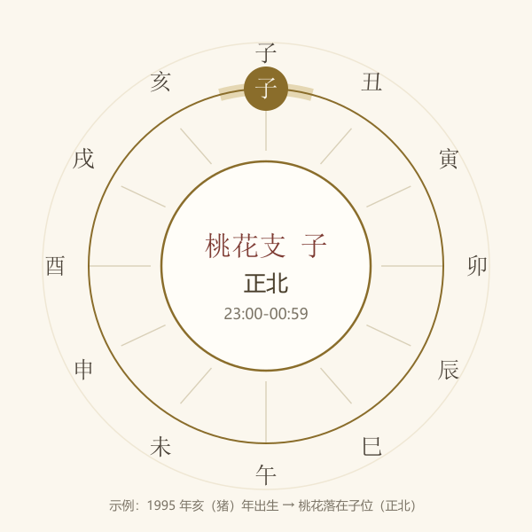 十二地支围成的桃花方位罗盘，示例生肖亥的桃花支子位于正北
